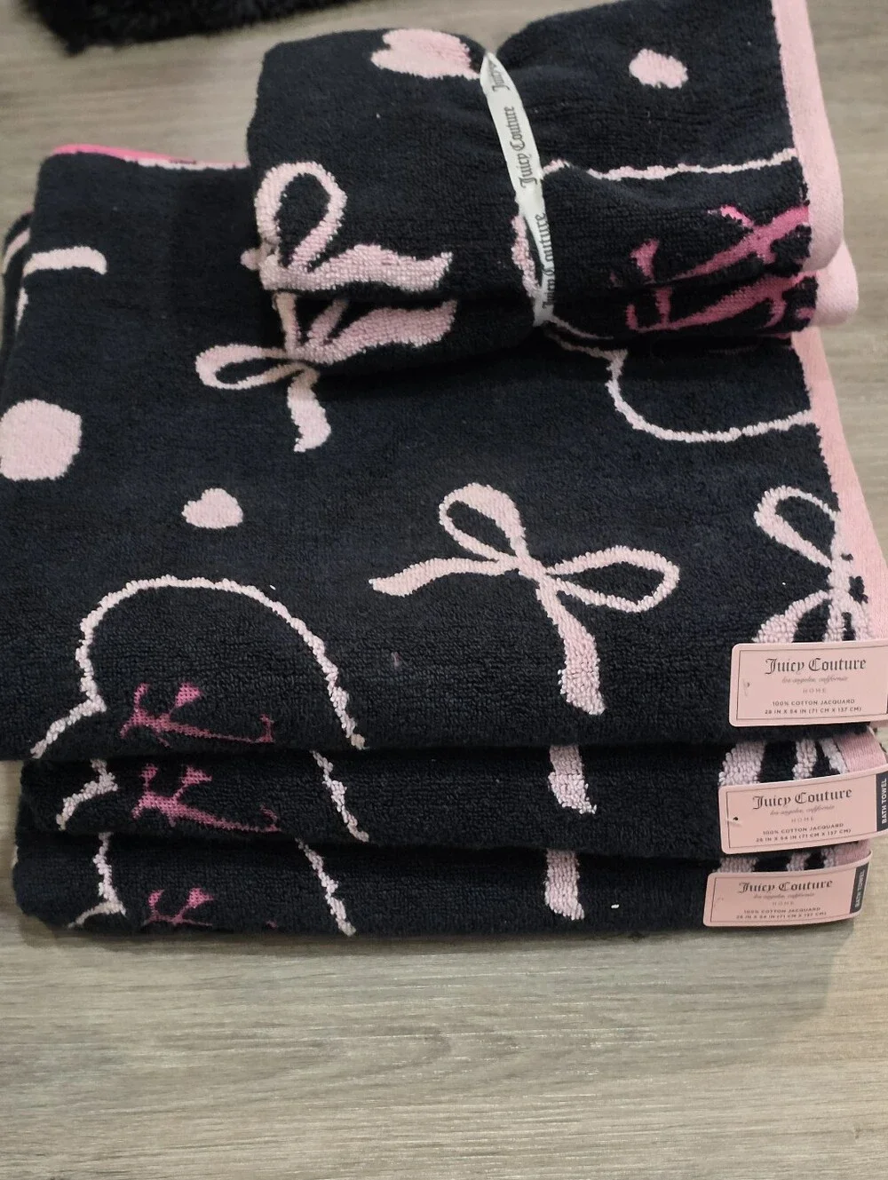 Juicy Couture Home Heart Wrapped JC Logo Bows & Hearts Bath & Hand Towel Set